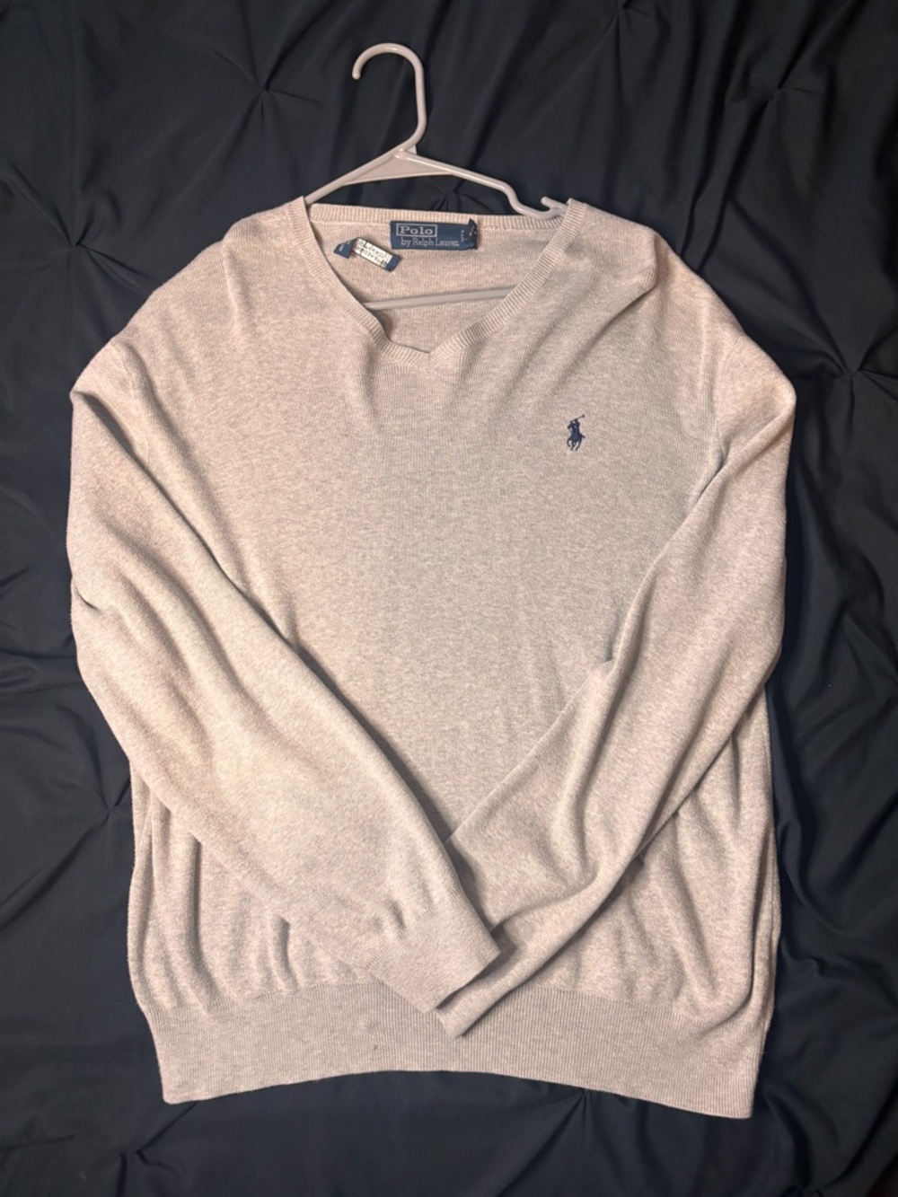 Polo by Ralph Lauren Men's V-Neck Sweater in Light Grey with Navy Logo